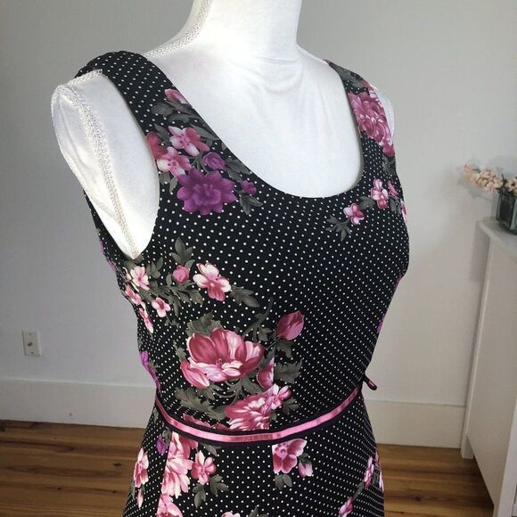 Vtg 90s Y2K K Petite Chiffon Black Polka Dot Dress 6P Pink Floral A Line Flirty - Picture 3 of 12